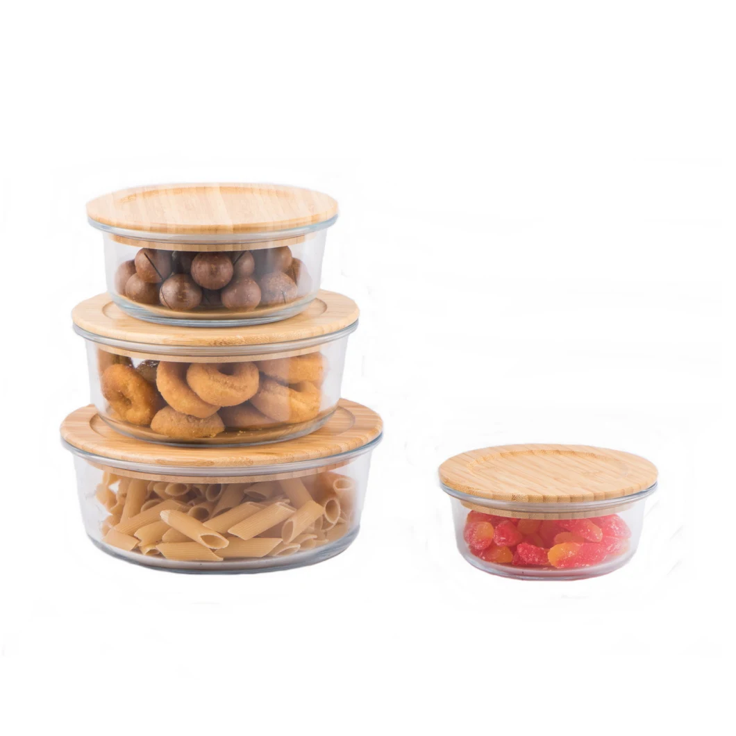 Round Glass Foods Preservation Box / Food Container / Lunch Box with Bamboo Lid