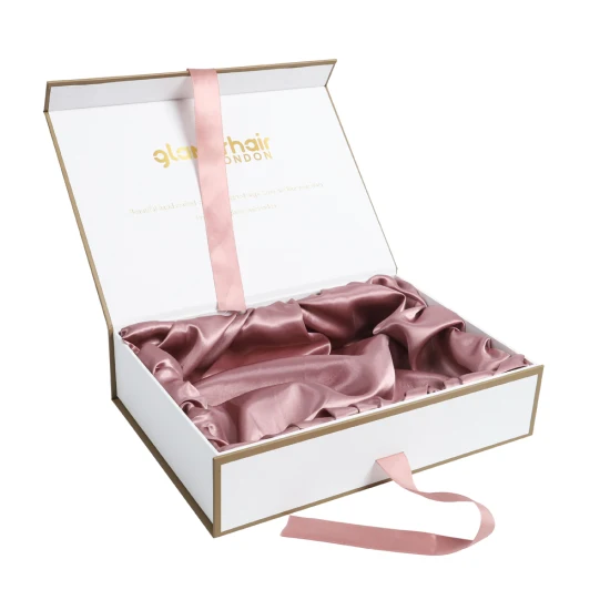 Boîte-cadeau de papier d'emballage doublé de satin magnétique personnalisé pour les extensions de cheveux avec ruban